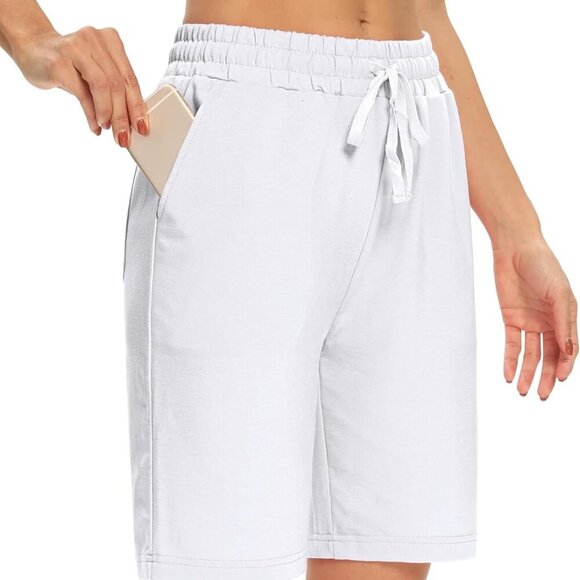 New Womens Yoga Shorts Loose Comfy Drawstring Bermuda Shorts with 3 Pockets Whit - Picture 1 of 5